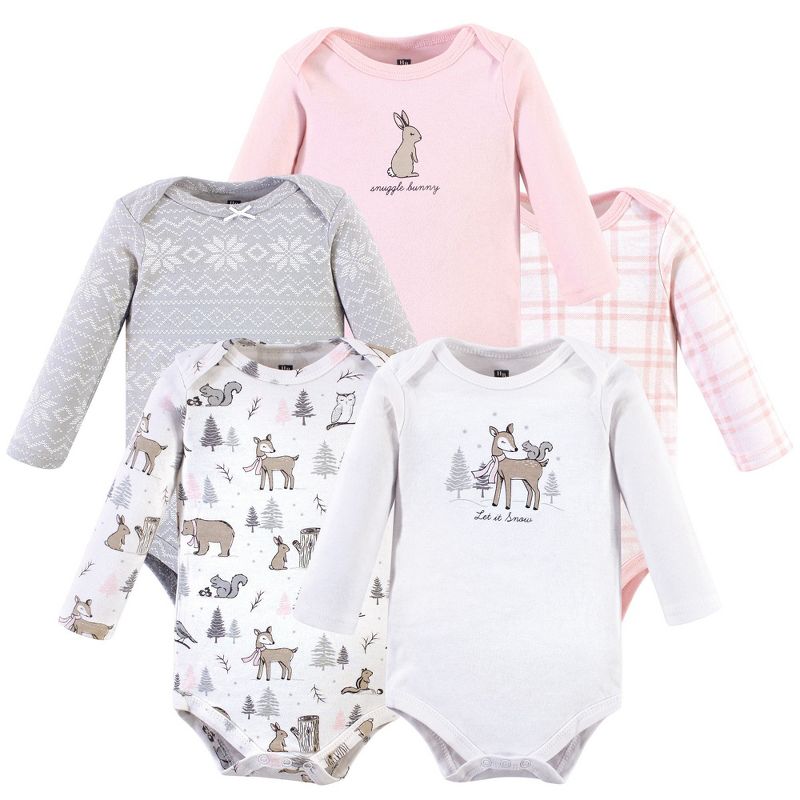 Hudson Baby Infant Girl Cotton Long-Sleeve Bodysuits 5pk, Winter Forest, 0-3 Months