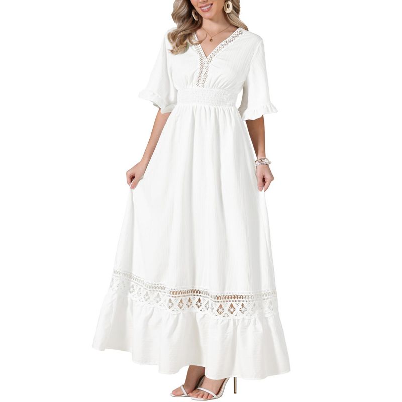 INSPIRE CHIC Women's V Neck Lace Ruffle Half Sleeve Boho Wedding Flowy A-Line Maxi Dress Small White