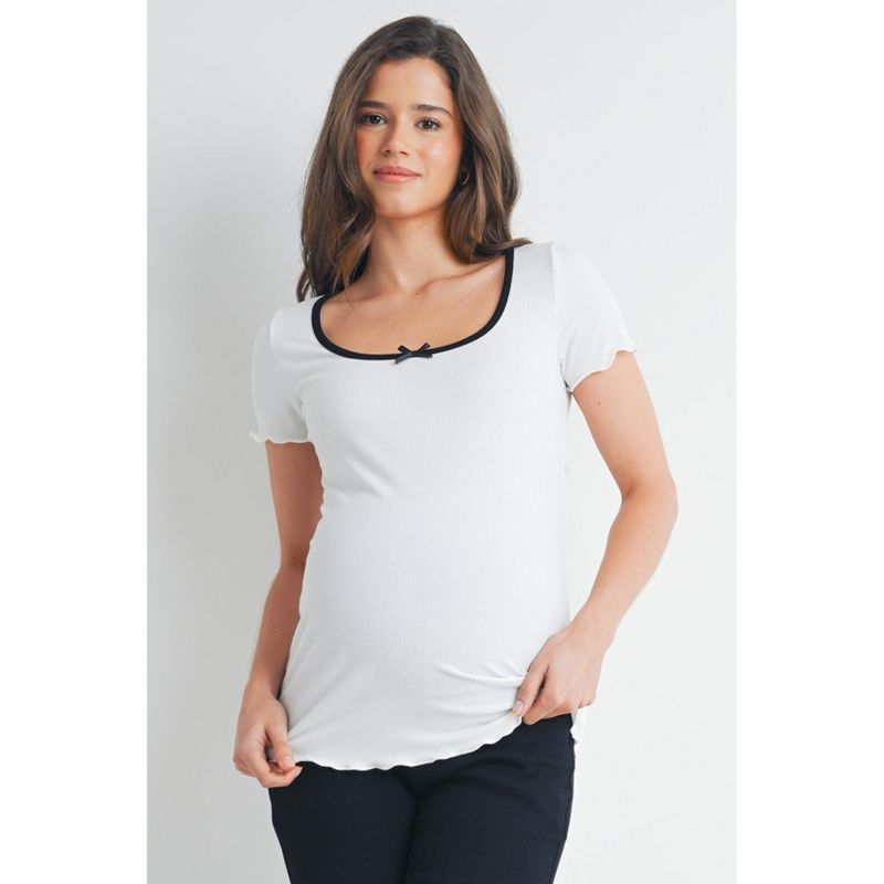 Hello Miz Women's Ribbed Short Sleeve Scoop Neck Maternity Top - White - Large