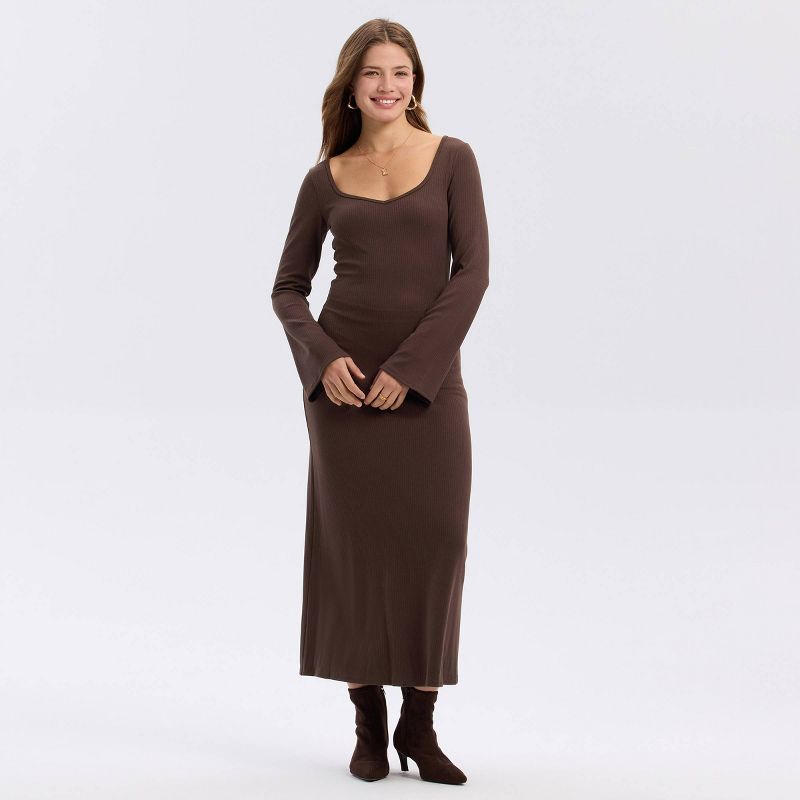 Women's Long Sleeve Ribbed Flare Midi Bodycon Dress - A New Day™ Brown L