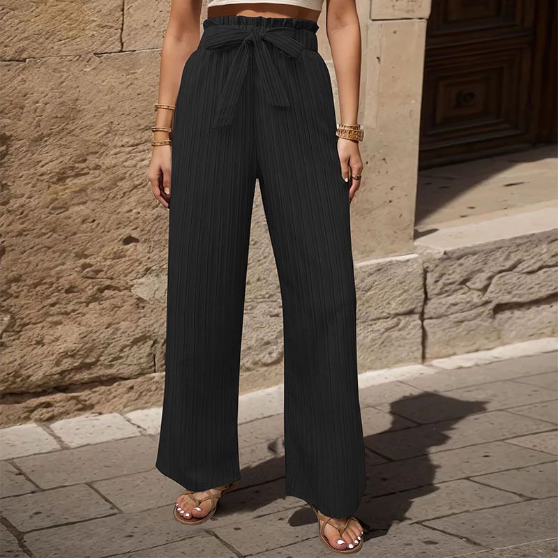 Clearlove Womens High Waist Palazzo Pants Wide Leg Trousers Bow Tie Knot Casual Work Daily Wear with Pockets, Black - S