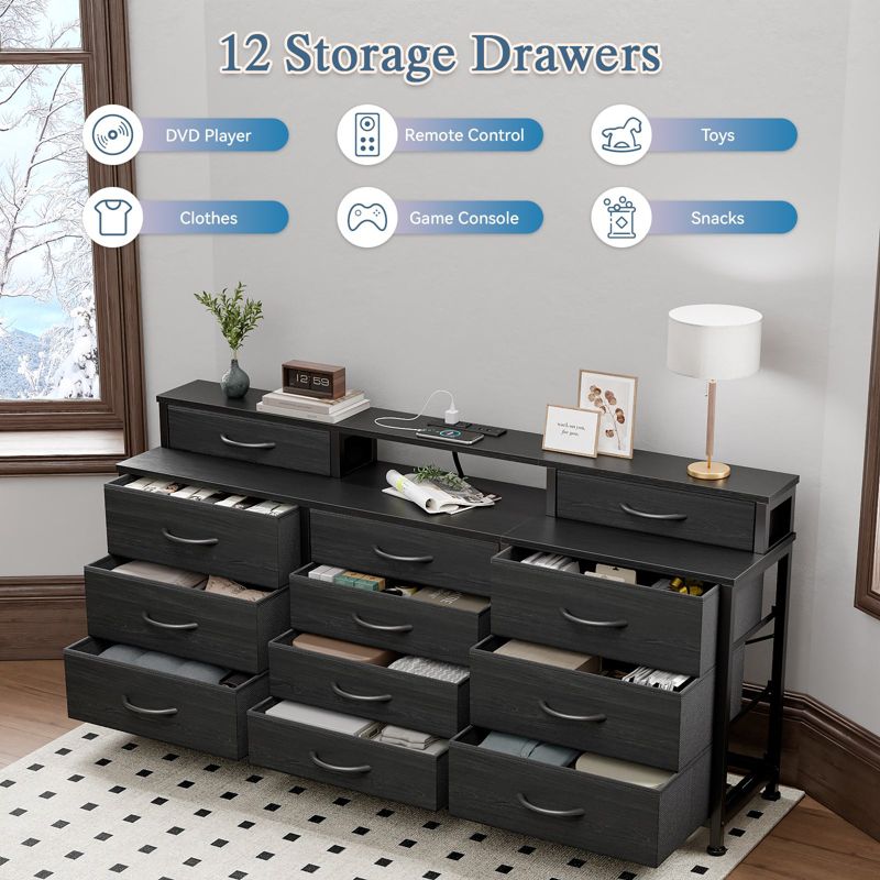 Wide Black 12 Drawer Dresser with Power Outlets LED Lights Large Fabric Storage Chest of Drawers Shelves Bedroom Furniture Organizer Unit