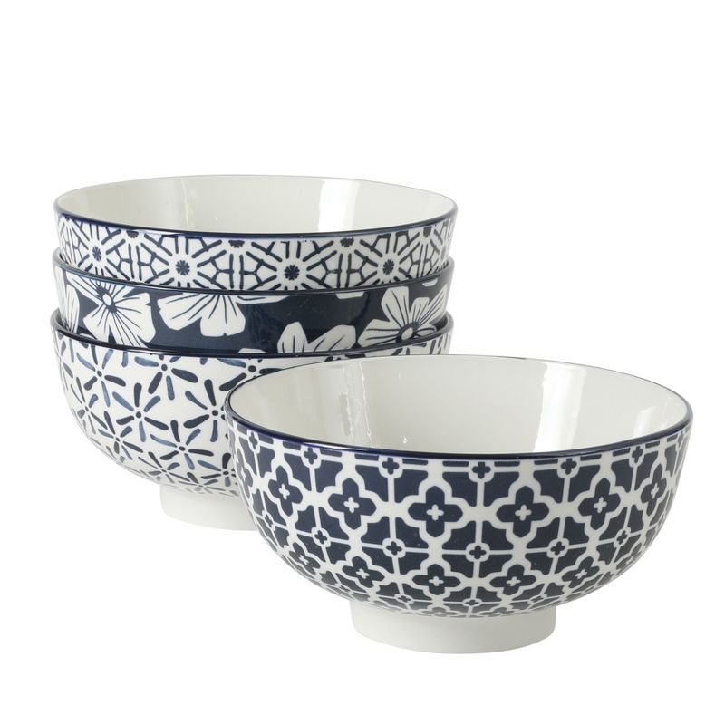 Gibson Home Castle Way 4-Piece Serving Bowl Set, 8 Inch Round Stoneware Bowls, Blue & White Assorted Pattern, Decorative Everyday Use