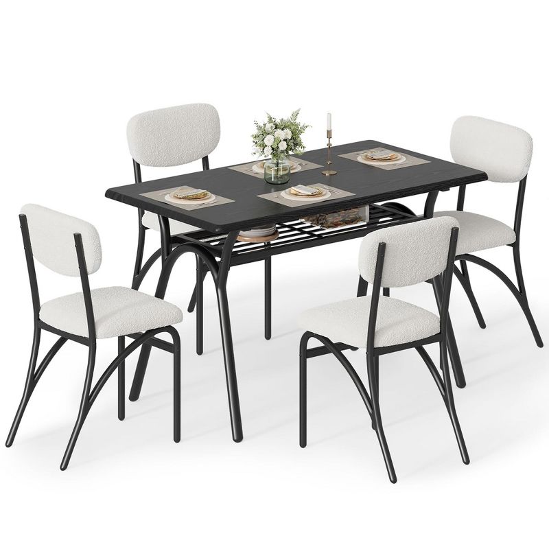 Dining Table Set for 4, Kitchen Table with Boucle Chairs for 4, Modern Rectangular Dining Table with Storage Rack for Small Space