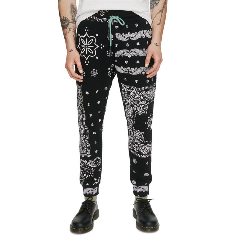 Elevenparis Mens Paisley Casual Jogger Pants, black, Large