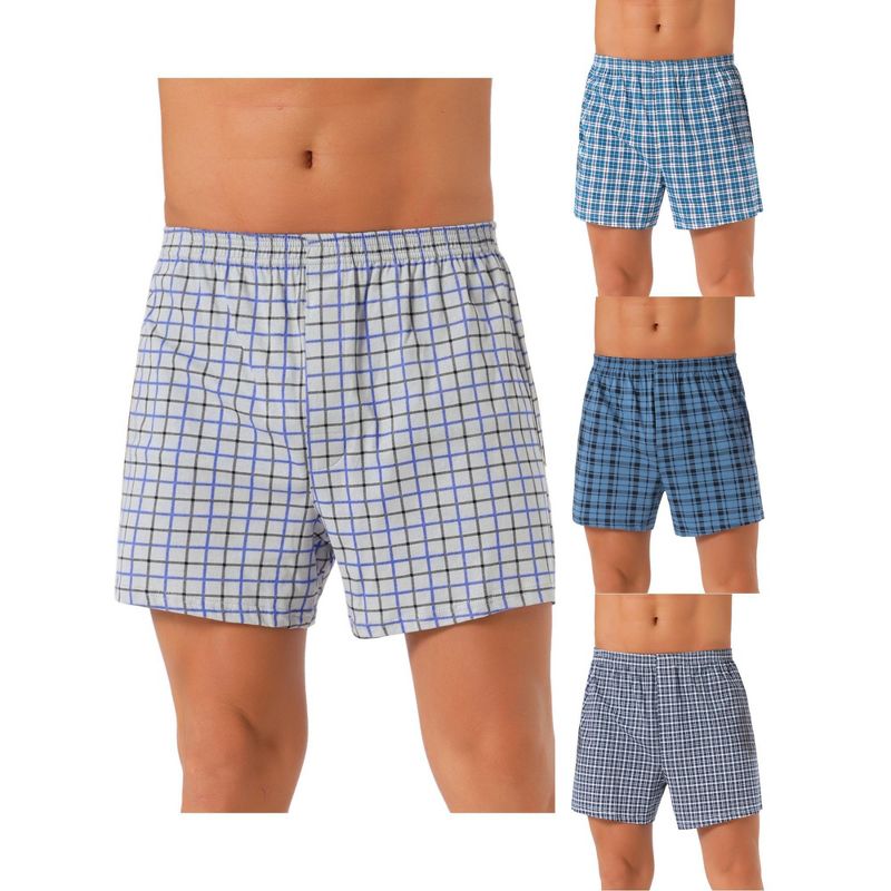 INSPIRE CHIC Men's 4 Pack Elastic Waistband Plaid Pattern Underwear Boxer Shorts 1 Blue White 1 Dark Blue 1 Gray 1 Navy 36