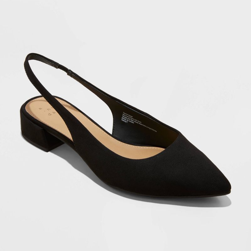 Women's Elle Slingback Pointed Toe Heels - A New Day™ Black 8: Block Heel, Cushioned Insole, Slip On