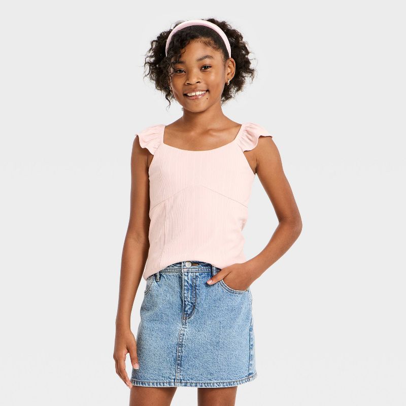 Girls' Flutter Sleeve Knit Top - art class™ Light Pink M