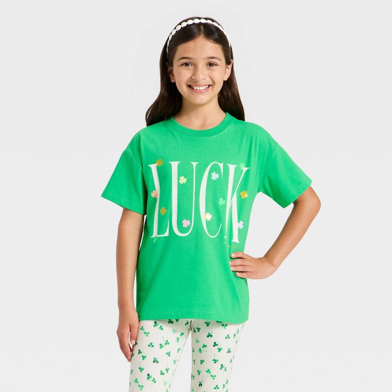Girls' Short Sleeve Oversized St. Patrick's Day 'Luck' Graphic T-Shirt - Cat & Jack™ Green S