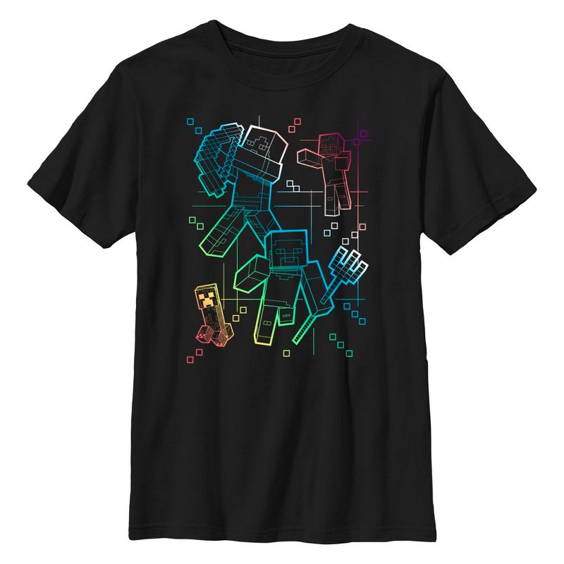 Boy's Minecraft Rainbow Characters Lines T-Shirt - Black - Small