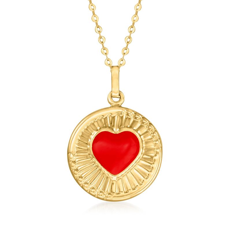 Ross-Simons Red Enamel Heart Circle Pendant Necklace in 10kt Yellow Gold Size 16