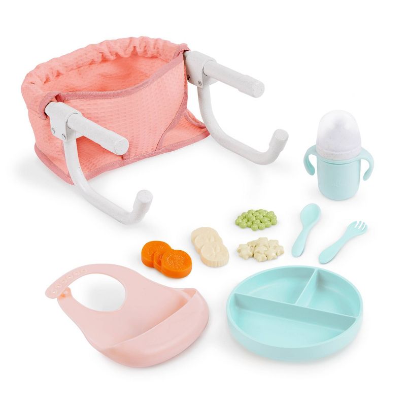 LullaBaby Doll Clip-On Table Seat and Accessories Set: Fits 14" Doll, Includes Play Food, Baby Theme, 12 Pieces