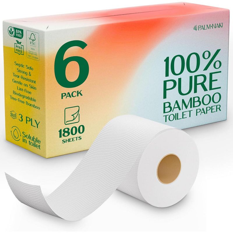 Palm Naki Bamboo Toilet Paper 3-Ply, 6 Rolls 300 Sheets/Roll, Strong & Gentle, Tree-Free Septic-Safe