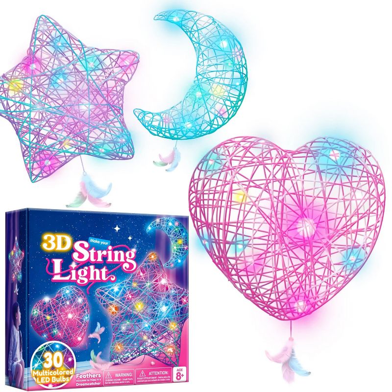 Joyfy 3D String Art Kit for Kids, 3 Pack String Light with 30 Multi-Colored LED Bulbs, DIY Arts & Crafts, Birthday Christmas Gift for Girls Age 8+