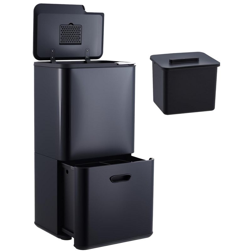 16 Gal Kitchen Trash Can, Dual Compartment Recycling Bin with Food Waste Caddy, Stainless Steel Trash & Recycle Bin Combo