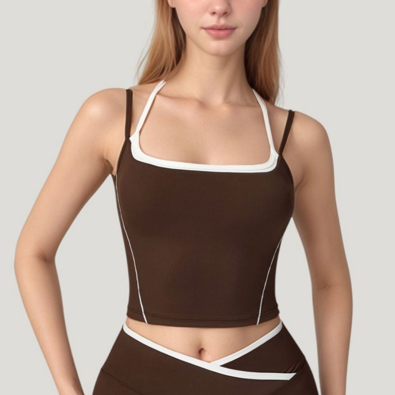 Anna-Kaci Active Women's Double Strap Square Neck Activewear Crop Top with Contrast Trim and Streamlined Athletic Fit - Large, Brown