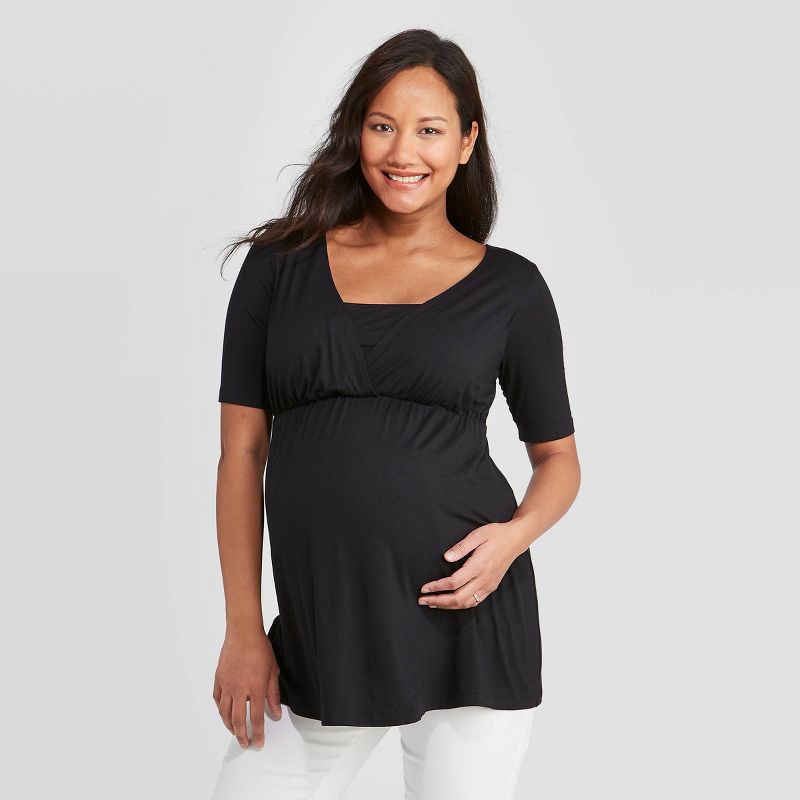 Maternity Elbow Sleeve Deep V-Neck Nursing Maternity Top - Isabel Maternity by Ingrid & Isabel™ Black M: Knit Pullover, Double-Layered