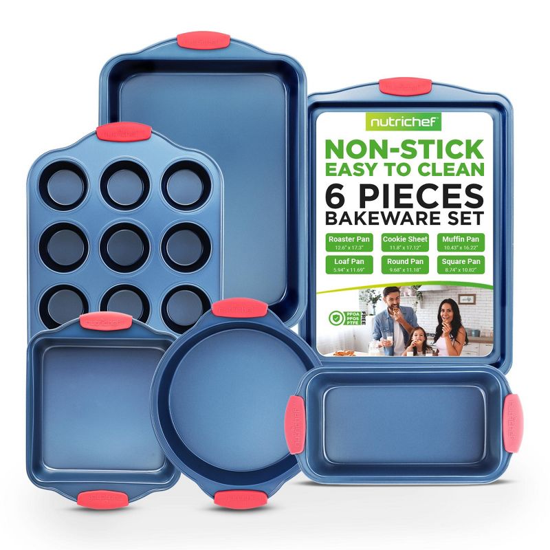 NutriChef 6-Piece Nonstick Bakeware Set - PFOA, PFOS, PTFE-Free Carbon Steel Baking Trays w/Heat safe Silicone Handles, Oven Safe Up to 450°F