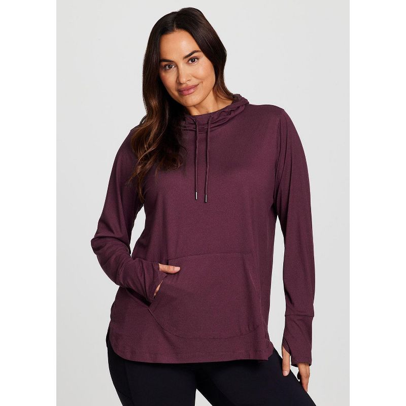 RBX Active Women's Legging Friendly Buttery Soft Stretch Jersey Adjustable Hood Long Sleeve Top with Thumbholes, Pocket - Burgundy,3X