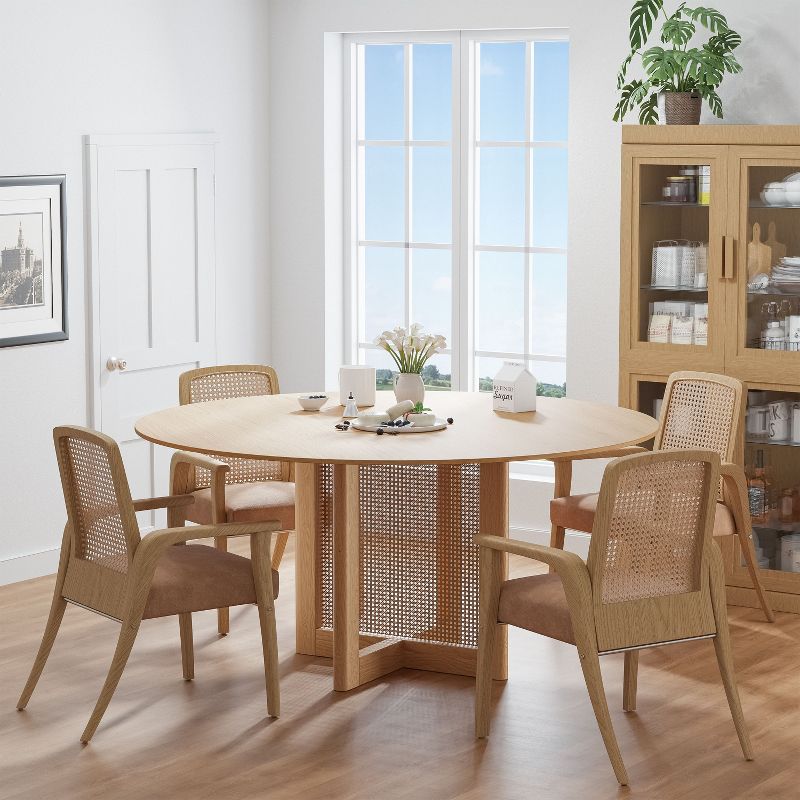 PexFix 60" x 60" Farmhouse Kitchen Dining Room Table Furniture Round Natural Kitchen Table with Rattan Woven Legs for Kitchen Bar Living Room