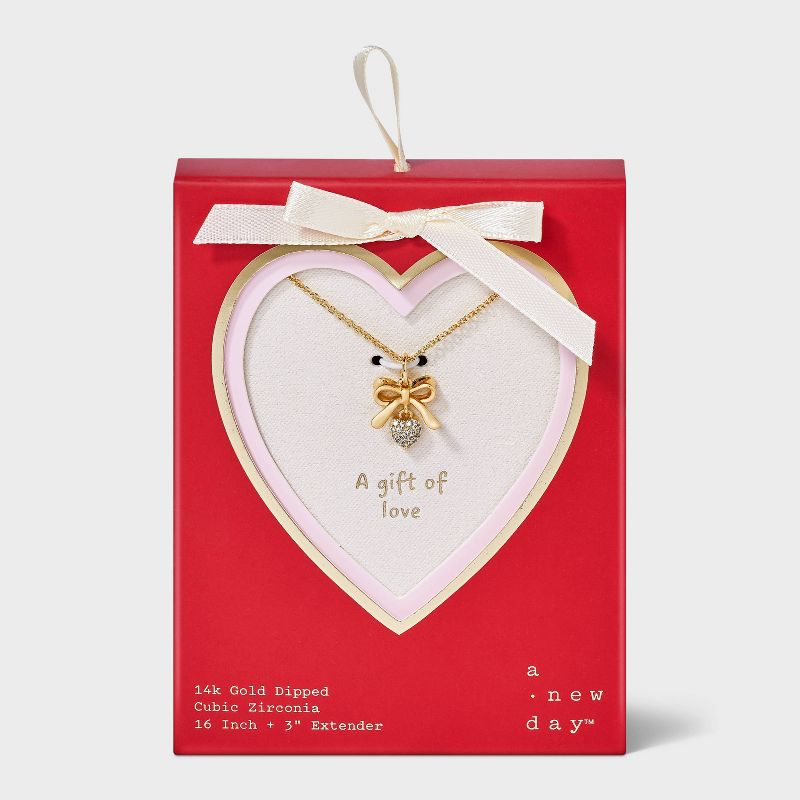 14K Gold Dipped Cubic Zirconia Valentines Bow and Heart Pendant Necklace - A New Day™ Gold