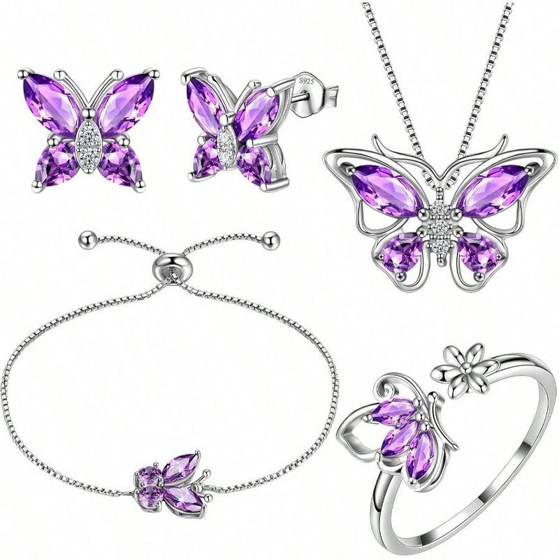 925 Sterling Silver Butterfly Birthstone Jewelry Set: Pendant Necklace, Earrings & Ring for Wedding Gift Purple Standard