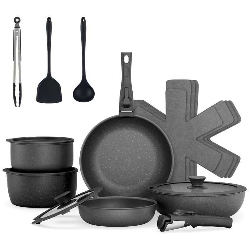 SUGIFT Cookware Set 18-Piece Nonstick Granite Pan Pot Set with Removable Handle Oven Safe Induction Compatible Dishwasher Safe