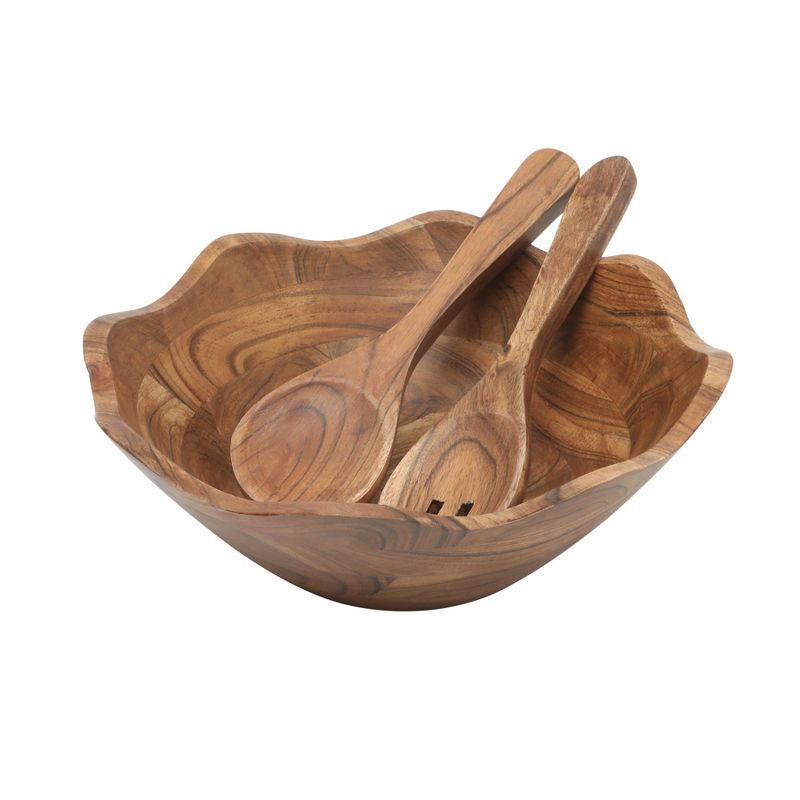 Gibson Home Sandhurst 3-Piece Wooden Salad Bowl Set -12-Inch Scalloped Bowl with Wooden Salad Servers