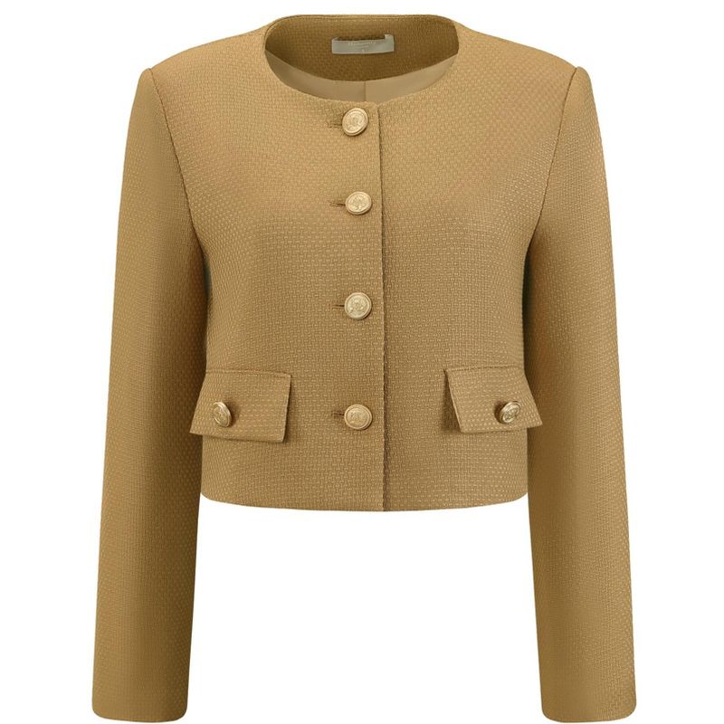 INSPIRE CHIC Women's Tweed Collarless Button Down Cropped Long Sleeve Office Work Jacket Blazer Small Brown