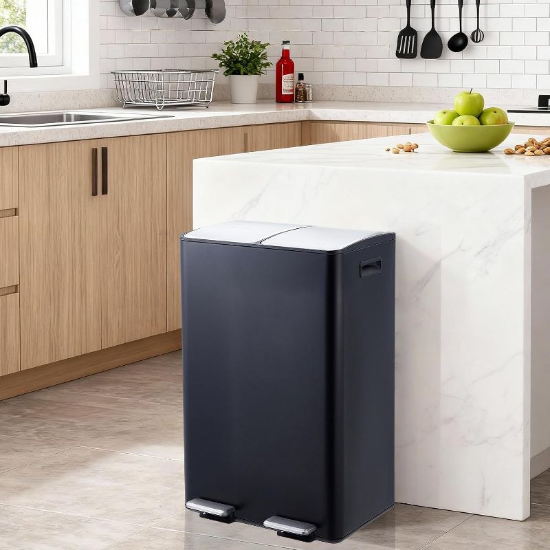 GustoWave 16-Gallon Dual Compartment Kitchen Trash Can - Stainless Steel Step-On Recycling Bin with Quiet-Close Lid - Black