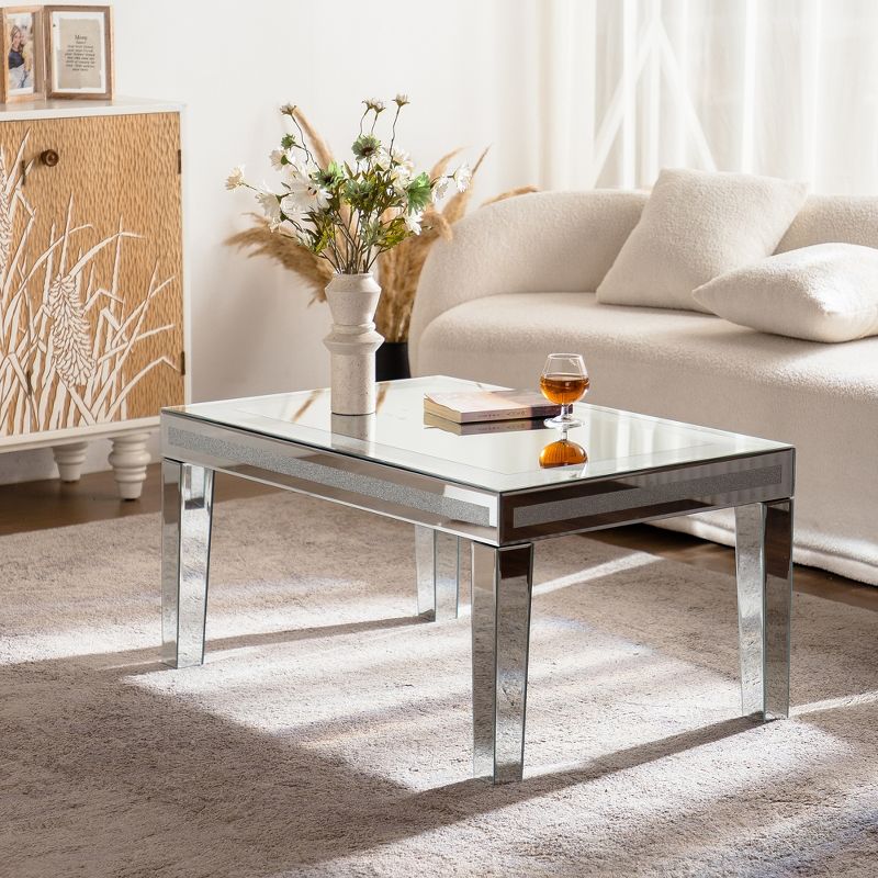 Gulches Modern Silver Coffee Table with Crushed Crystal Border Clear Glass Top Mirrored Finish Rectangle Center Table, Luxury Living Room Furniture