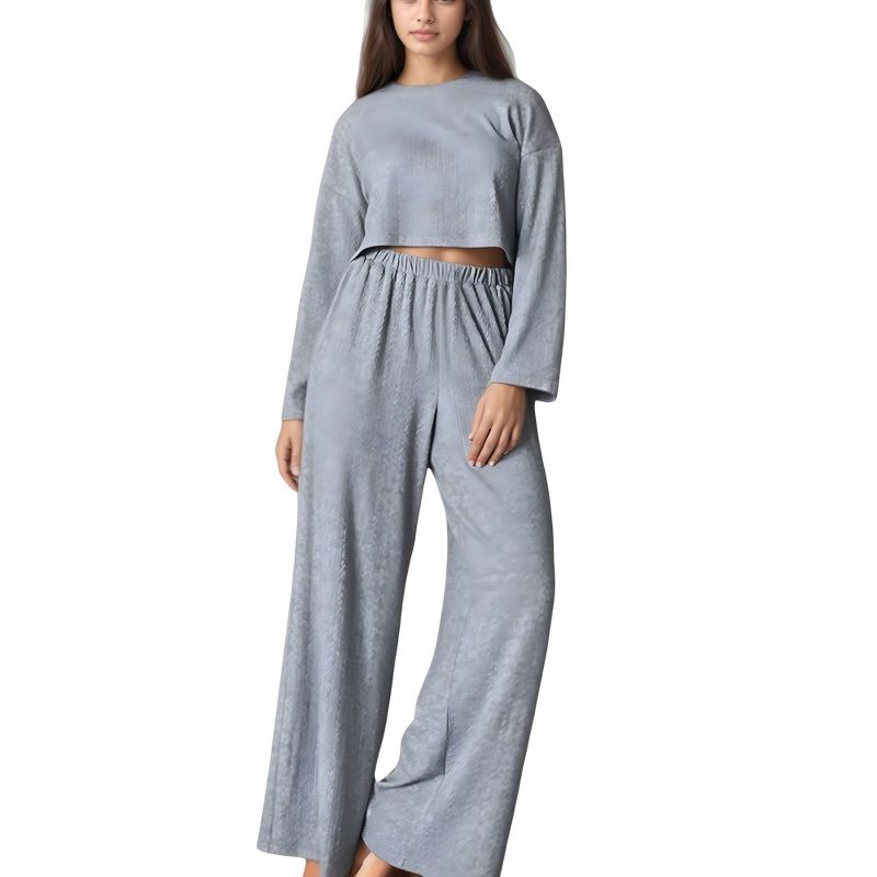 Anna-Kaci Lounge Women's Ribbed Knit Long Sleeve Crop Top and Wide Leg Lounge Pants Two-Piece Pajama Set - Small, Gray