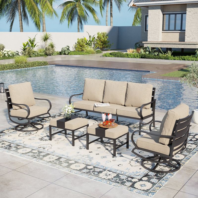 Captiva Designs 5pc Metal Patio Furniture Conversation Set with Swivel Chairs and Ottomans for Garden Porch Backyard Beige