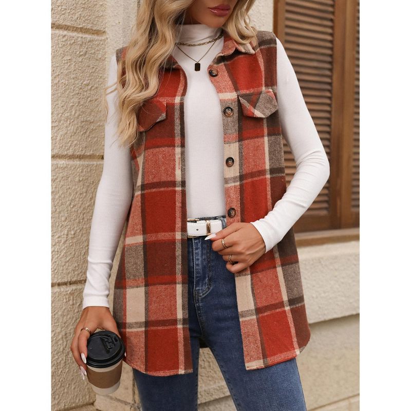 Women Vest Jacket Plaid Sleeveless Collar Neck Button Down Oversized Vest Orange XL