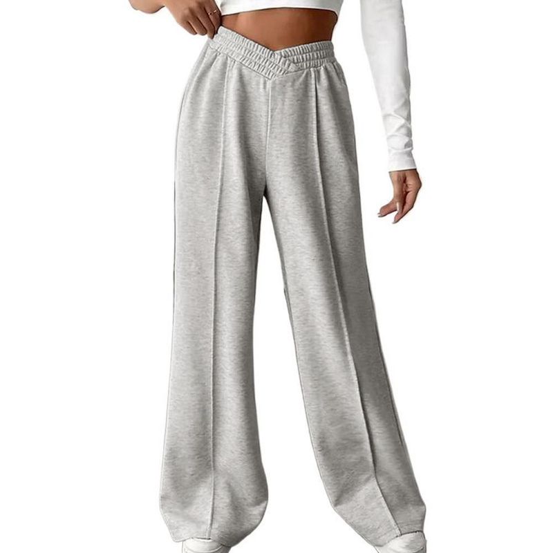 Wide Leg Sweatpants Women High Rise V Crossover Wasit Baggy Sweat Pants Elevated Seams Loose Athletic Joggers with Pockets,Light Grey - L