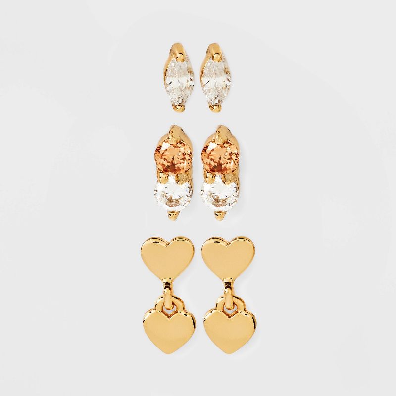 14K Gold Plated Cubic Zirconia Valentines Heart Stud Earring Set 3pc - A New Day™ Gold: Sterling Silver, Nickel-Free