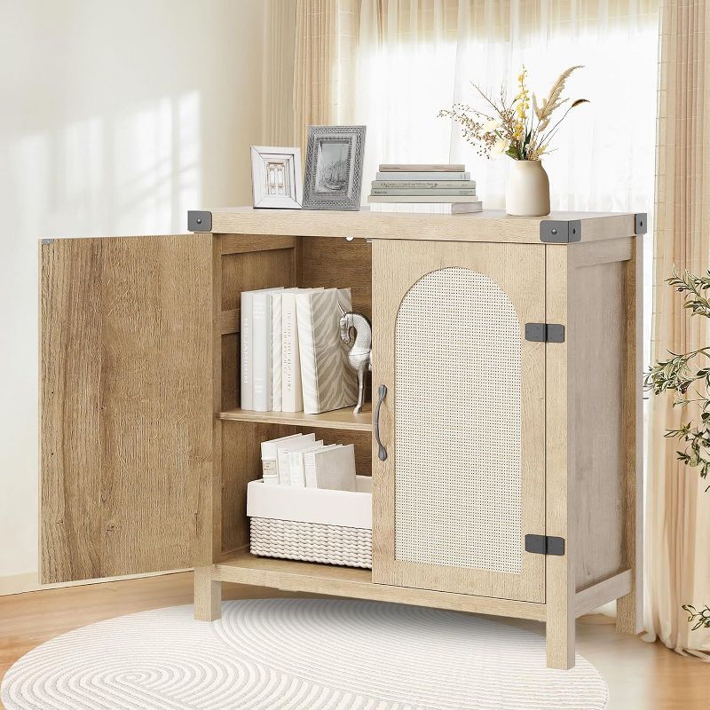 Rattan-Accent Buffet Cabinet with Storage, Adjustable Shelves Sideboard, Synthetic Rattan Doors Storage Cabinet for Living Room, Dining Room