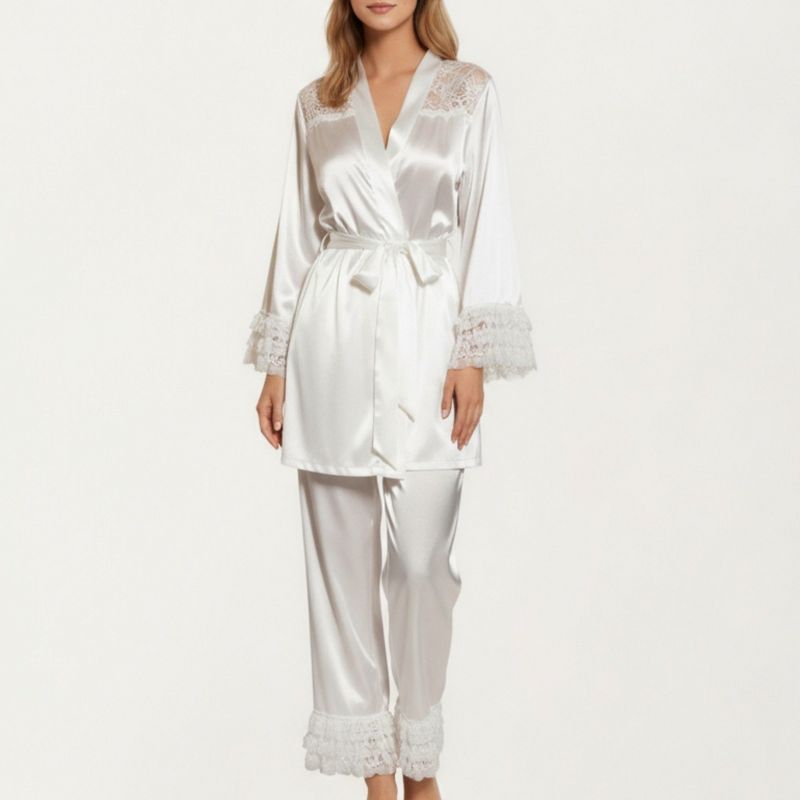 Anna-Kaci Lounge Women's 2-Piece Set Satin Lace Shoulder Long Sleeve Top with Ruffle Cuff Pants - X Large, White