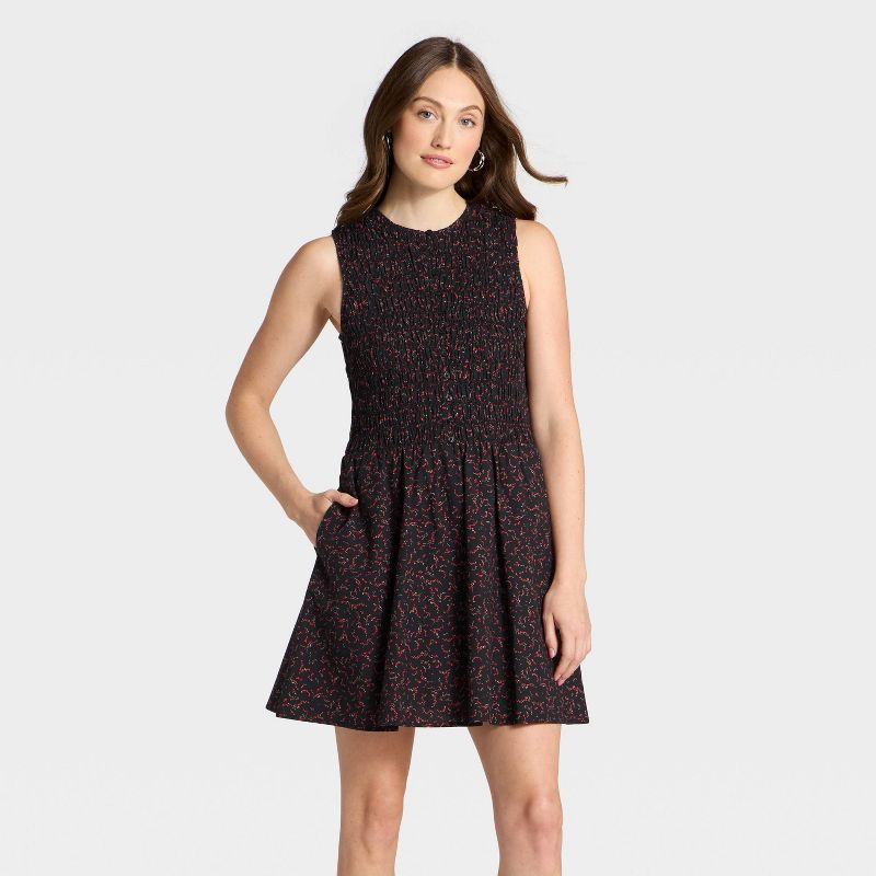 Women's Smocked Mini A-Line Dress - Universal Thread™ Black Abstract XS