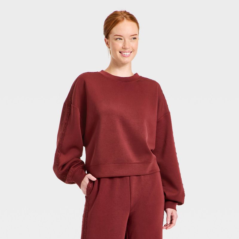 Women's Airy Sleek Lace Trim Crewneck Sweatshirt - All In Motion™ Maroon S
