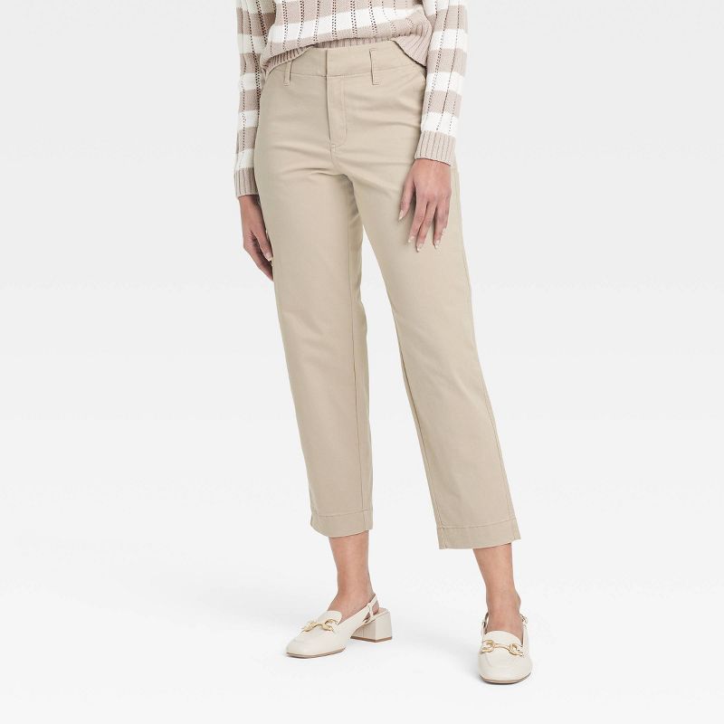 Women's High-Rise Tapered Ankle Chino Pants - A New Day™ Tan 10: Cotton-Spandex, Relaxed Fit, 27.5" Inseam
