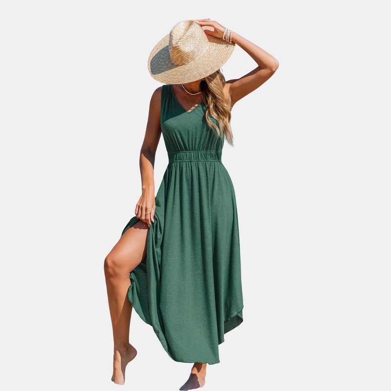 Women's Elegant Sleeveless Ruched Waist Beach Maxi Dress - Cupshe-M-Green