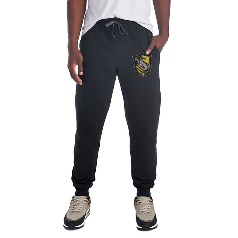Harry Potter Hufflepuff Plaid Crest Unisex Jogger Sweatpants with Pockets for Men and Women Black Small