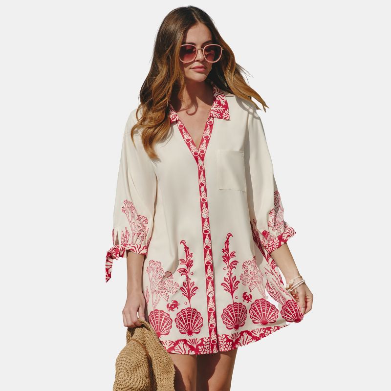 Women's Vacationing Tropical Print Mini Shirt Dress - Cupshe-M-White