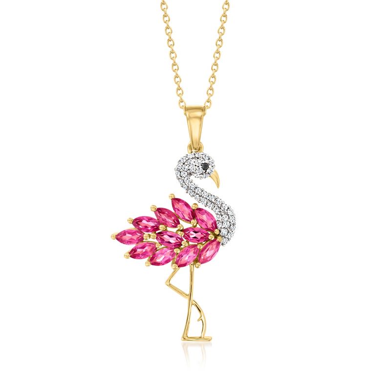 Ross-Simons 1.60 ct. t.w. Pink Topaz and .30 ct. t.w. White Zircon Flamingo Pendant Necklace With Black Spinel Accent in 18kt Gold Over Sterling Size