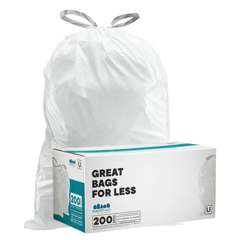 Plasticplace Trash Bags Compatible with simplehuman Code U White Drawstring Trash Bags 14.5-21 Gallon / 55-80 Liter 27" x 32" (200 Count)