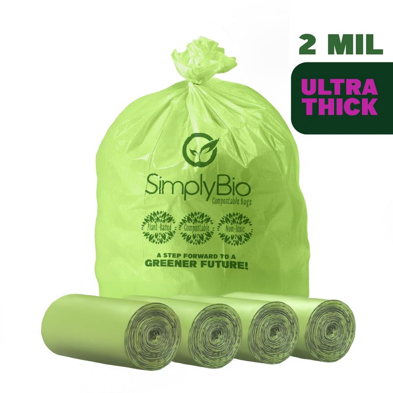 Simply Bio 56-60 Gallon Compostable Trash Bags Liners Flat-Top, Heavy Duty Extra Thick 2 Mil, 227.12 Liter, 80 Bags, Lawn, Yard, and Restaurant Use