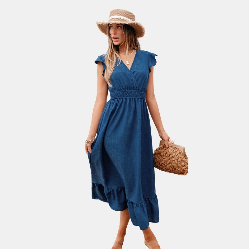 Women‘s Breezy Blue Smoked Waist Ruffle Sleeve Maxi Dress - Cupshe-M-Blue