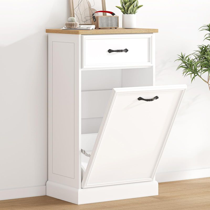 White Tilt-Out Trash Cabinet, 10 Gallon Bin Capacity, Freestanding Wooden Storage, Pet-Proof Hideaway Drawer, Ideal for Kitchen, Dining, Laundry