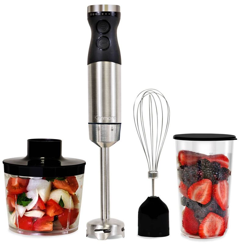 Kenmore Immersion 400W Hand Blender Set with Food Chopper and Whisk: Stainless Steel, 9 Speeds, Handheld Stick Blender